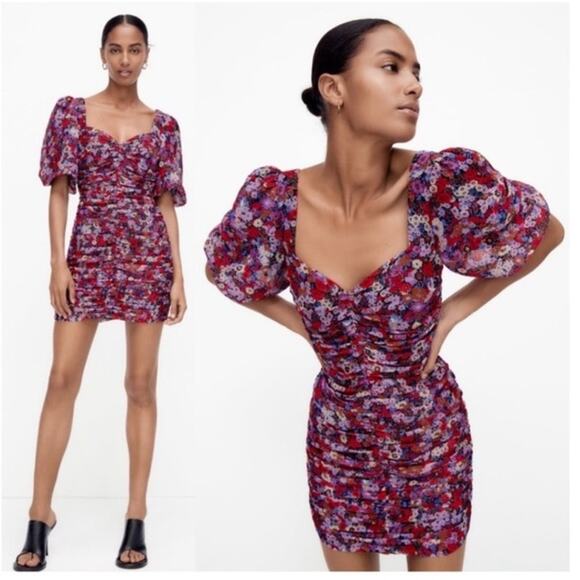 NWT Zara Floral Puff Sleeve Ruched Mini Dress Size XS - Picture 3 of 16